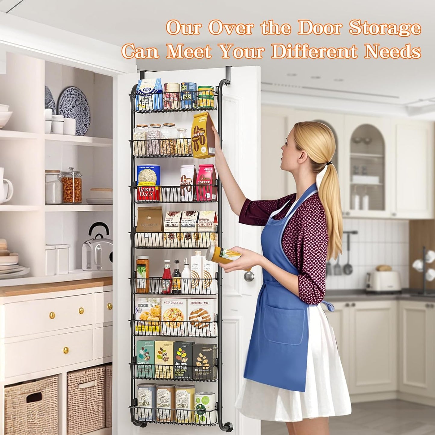 MIAOLI Over the Door Pantry Organizers and Storage, 8-Tier Spice Rack, Home & Kitchen Storage Shelves for Cabinet, Large Capacity Hanging Seasoning Organizer, Laundry Room Organization, Black