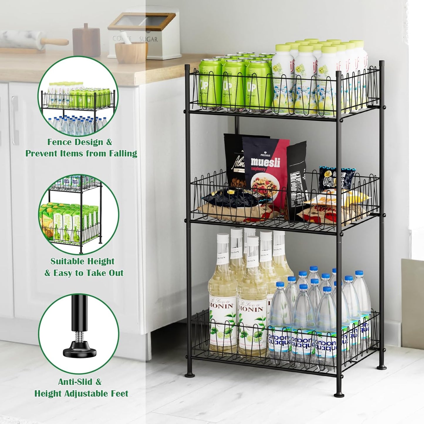 Water Bottle Organizer 3 Tier Freestanding Water Bottle Holder Storage Rack Metal Drink Beverage Soda Can Organizer Shelf Stand for Floor Pantry Kitchen Classroom Food Storage, Black