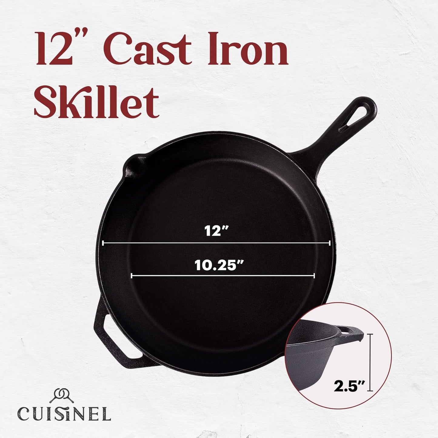 Cuisinel Cast Iron Skillet - 12"-Inch Frying Pan with Assist Handle + Red Silicone Grip Cover - Pre-Seasoned Oven Safe Cookware - Indoor/Outdoor Use - Grill, Stovetop, Induction, BBQ and Firepit Safe