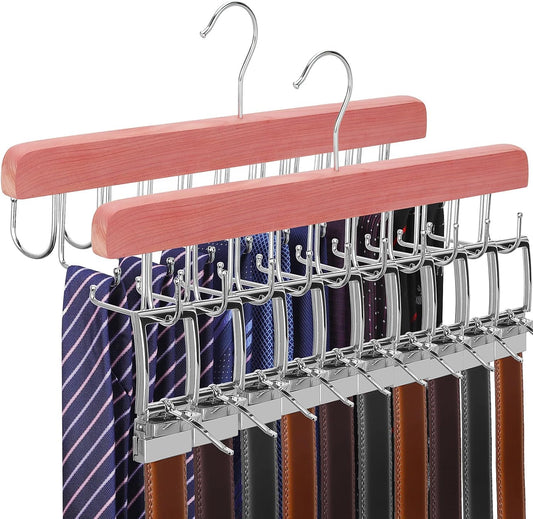 TOPIA HANGER Cedar 2 Pack 2 in 1 Belt Tie Hanger for Closet Max 60 Belts with 60 Ties Capacity, 20 Hooks Belt Tie Racks Hanger for Closet Organizer Storage Curved Fit Belt and Flat Fit Tie - CT60C