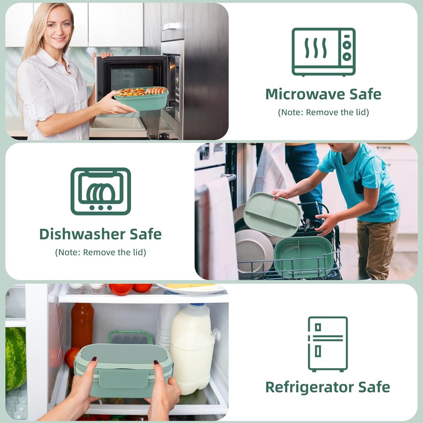 Hidden-Handle Bento Box Adult Lunch Box, Leak-Proof Lunch Containers for Adults & Kids, 2-Layer 5-Compartment 6 Cup with Utensils, Green