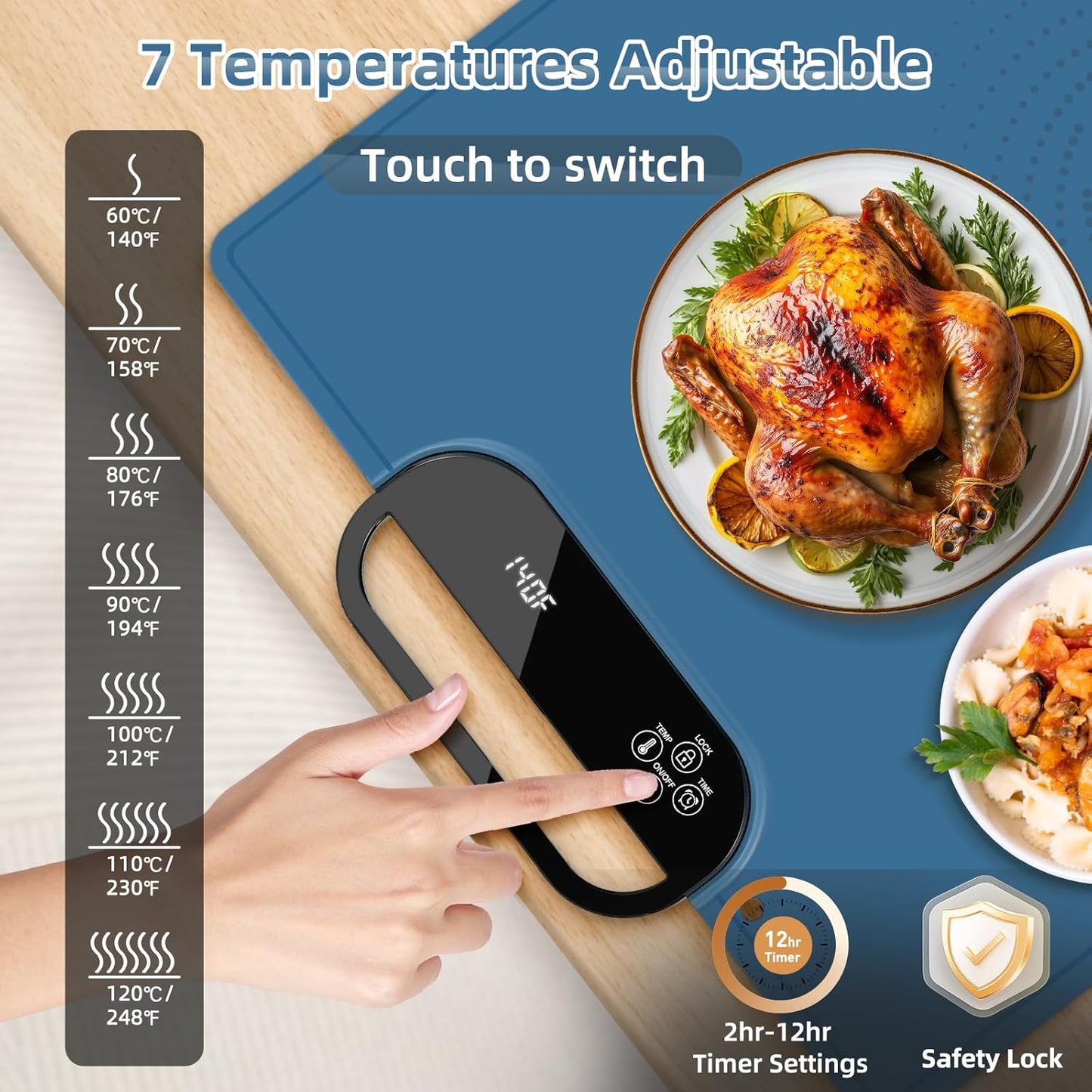 Electric Warming Tray with 7 Adjustable Temperatures, Hanging & Foldable Food Warmer Mat with Child Lock, 11 Timer Settings, Fast Heating Plate for Buffet, Paties, Family Gatherings, Holidays, Blue