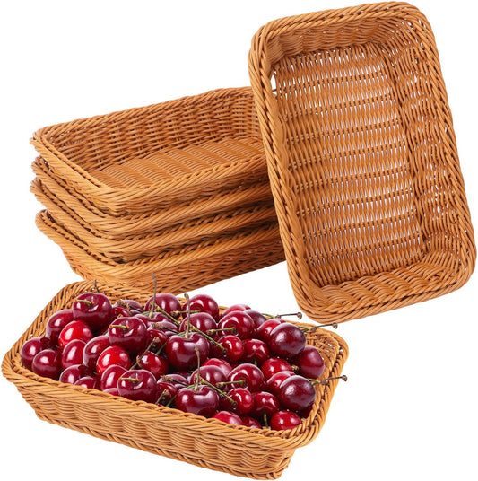 6 Pack 12 Inch Brown Poly Wicker Bread Baskets, Rectangular Wicker Bread Basket, Imitation Rattan Wicker Fruit Baskets for Table, Candies, Crackers, Fruit, Vegetables, Restaurant,Home Kitchen