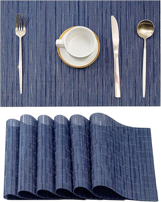 Leetaltree Blue Placemats Set of 6 - Heat Resistant Non-Slip Place mats for Dining Table, Washable Durable PVC Vinyl Woven Table Mats（Blue, 6）
