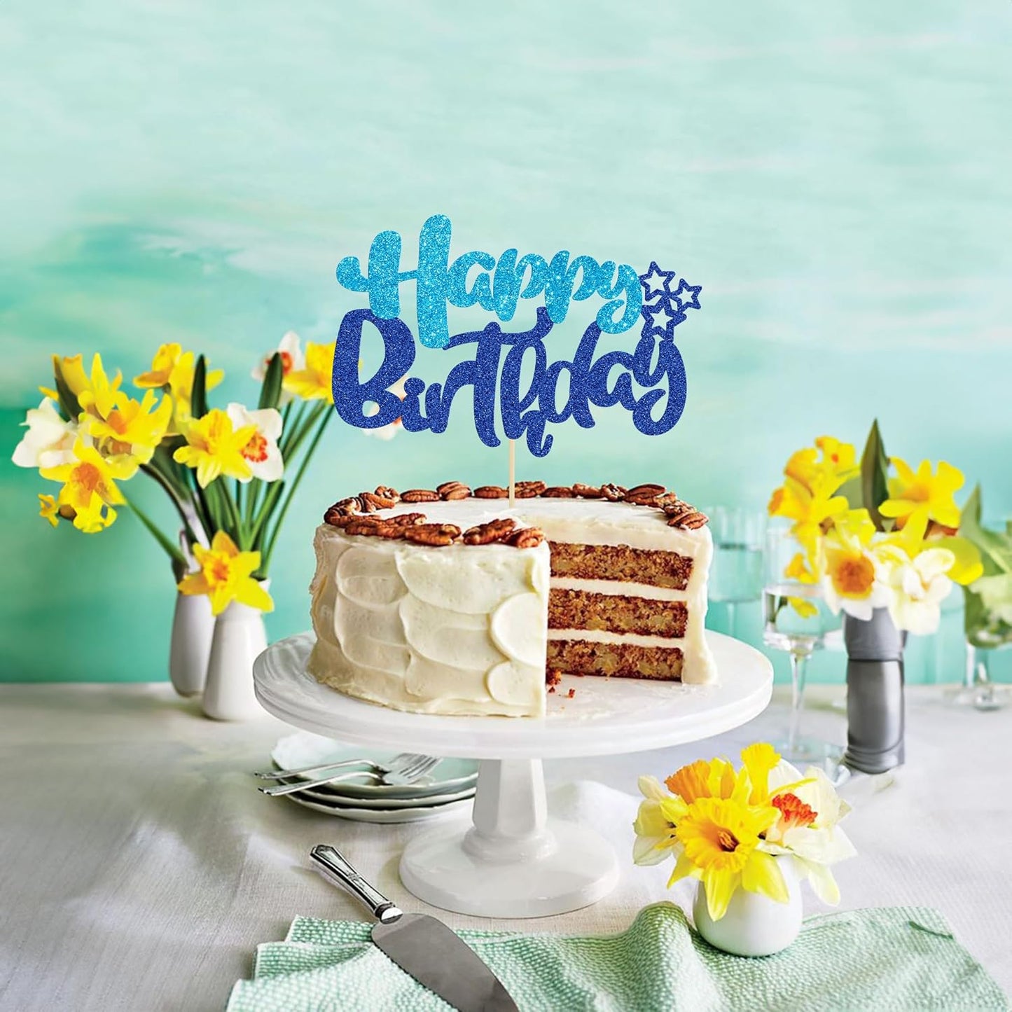 Ephlyn 1Pcs Happy Birthday Cake Topper Glitter Cake Pick for Celebrating Anniversary Theme Party Cake Decorations Supplies Blue