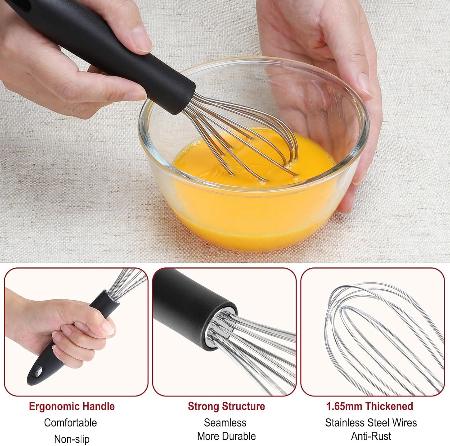 HOTEC 4 Pieces Stainless Steel Whisks Set, Wire Balloon Whisks Egg Beater, Thicken Wire &Non-slip Handle Whisk Perfect for Cooking, Stirring, Beating and Blending (Silver)