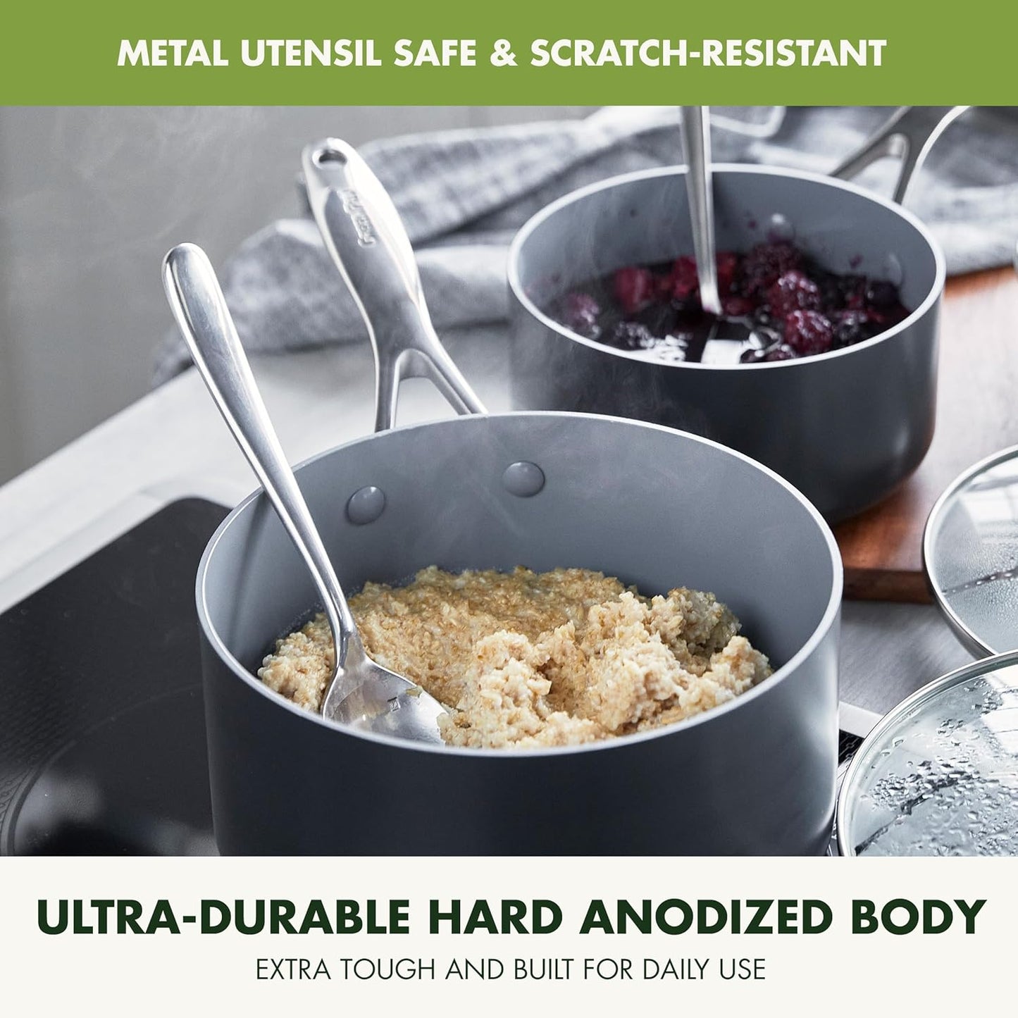 GreenPan Valencia Pro Hard Anodized Healthy Ceramic Nonstick 2QT Saucepan Pot with Lid, PFAS-Free, Induction, Dishwasher Safe, Oven Safe, Gray