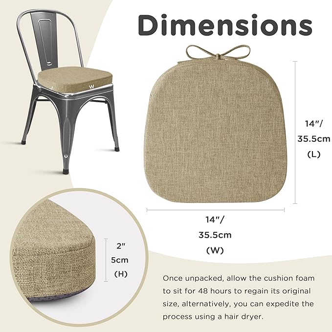 AddGrace Set of 4 Chair Cushions for Metal Dining Chairs 14x14 Chair Pads with Ties Non Slip Thick Seat Cushions with Textured and Removable Cover Beige
