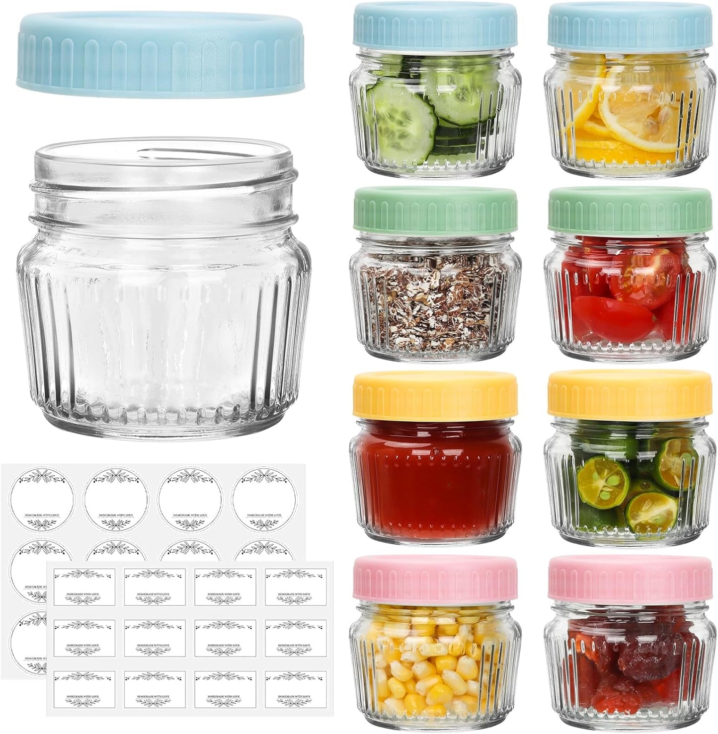 Glass Regular Mouth Mason Jars, Mini Mason Jars 4 oz, 8 Pack Clear Glass Jars with Colorful Plastic Lids, Small Canning Jar for Spice, Jam, Honey, Jelly, Dessert