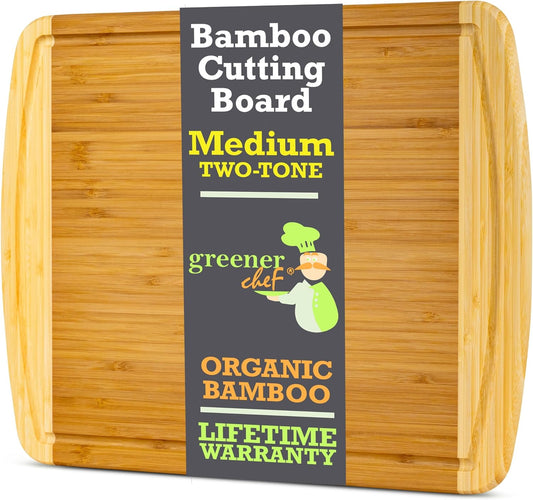 GREENER CHEF 15 Inch Medium Cutting Board with Lifetime Replacements, Bamboo Cutting Boards for Kitchen, Butcher Block, Medium Wooden Chopping Board for Meat, Veggies, Non Toxic Charcuterie Board