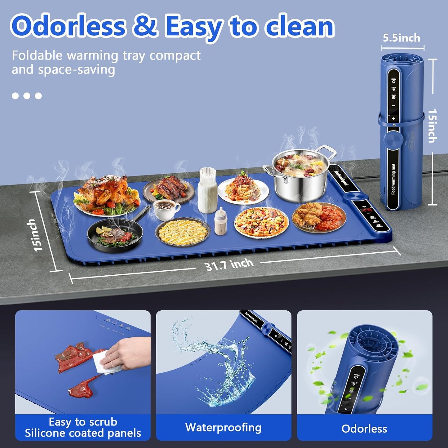 Warming Mat for Food Extra Large - Food Warming Mat, 31.7"x15" Heating Mat for Food with 9 Temperature Settings and 6H Timer, Full Surface Heating Warming Tray for Parties Daily Use(Blue)
