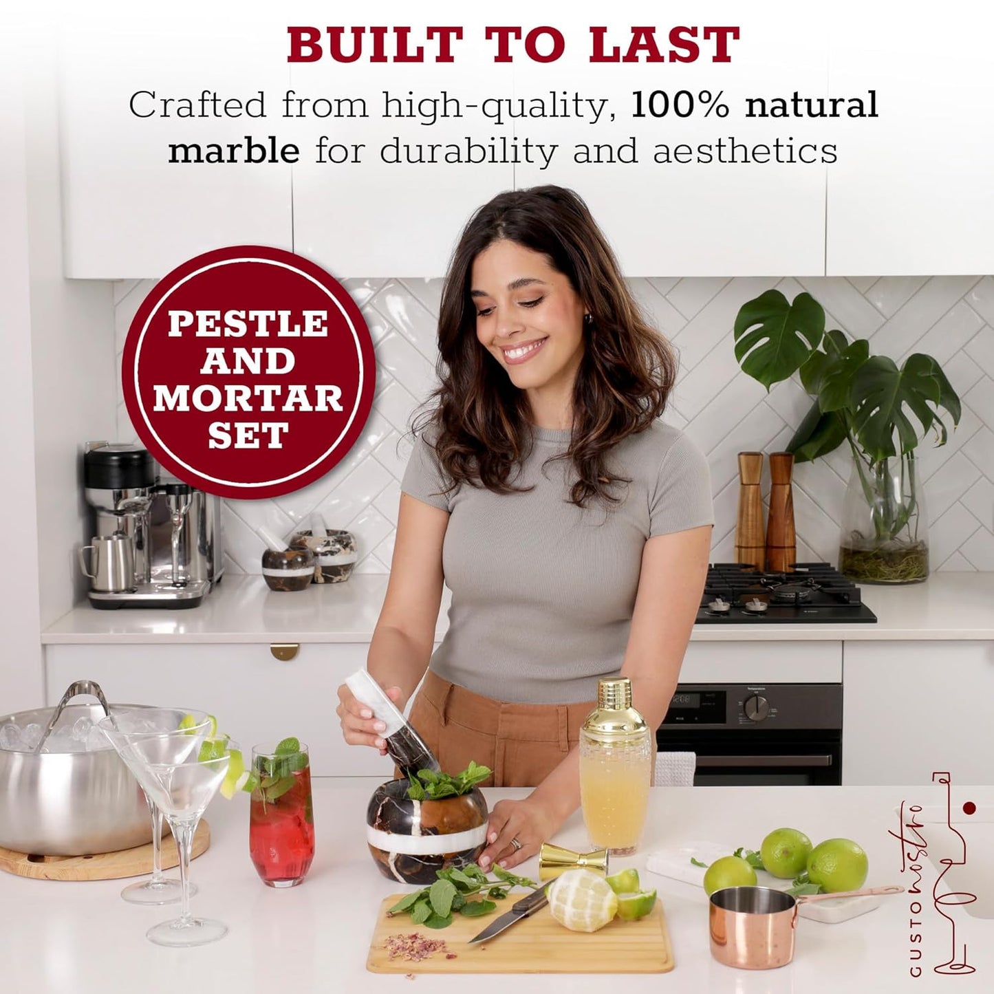 Gusto Nostro Natural Marble Mortar and Pestle Set | 6 Inch - 3.5 Cup Extra Large Mortar Pestle Set for Grinding Herbs, Nuts, Grains | Pesto Grinding and Guacamole Stone Bowl | Marble Spice Crusher