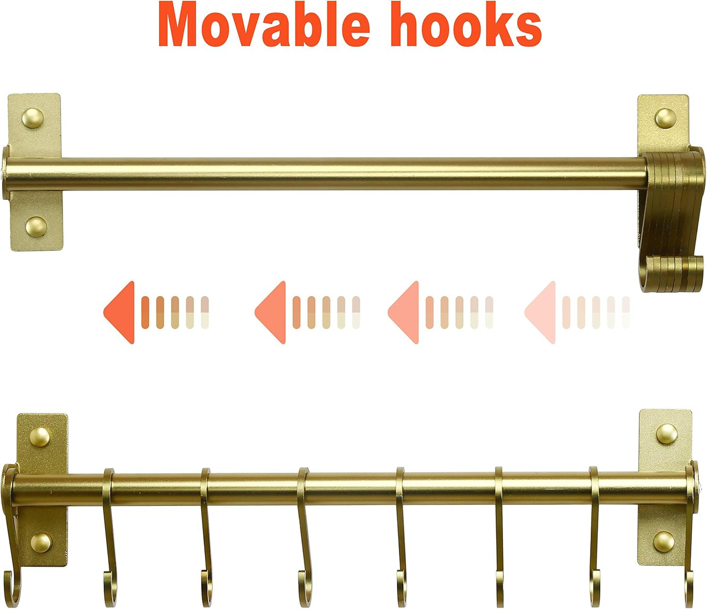 Dseap Kitchen Utensil Holder Hanger, Pot and Pan Rack Wall Mounted, Kitchen Rail with 8 Hooks for Hanging Cooking Utensils, Mugs, Spoons, Wall Mounted, Champagne Color, Pack of 2