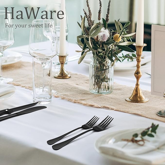 HaWare 48-Piece Black Silverware Set with Steak Knives, Stainless Steel Cutlery Set, Food Grade Flatware Set Service for 8, Mirror Finished Tableware for Home Restaurant, Include Knives, Forks, Spoons
