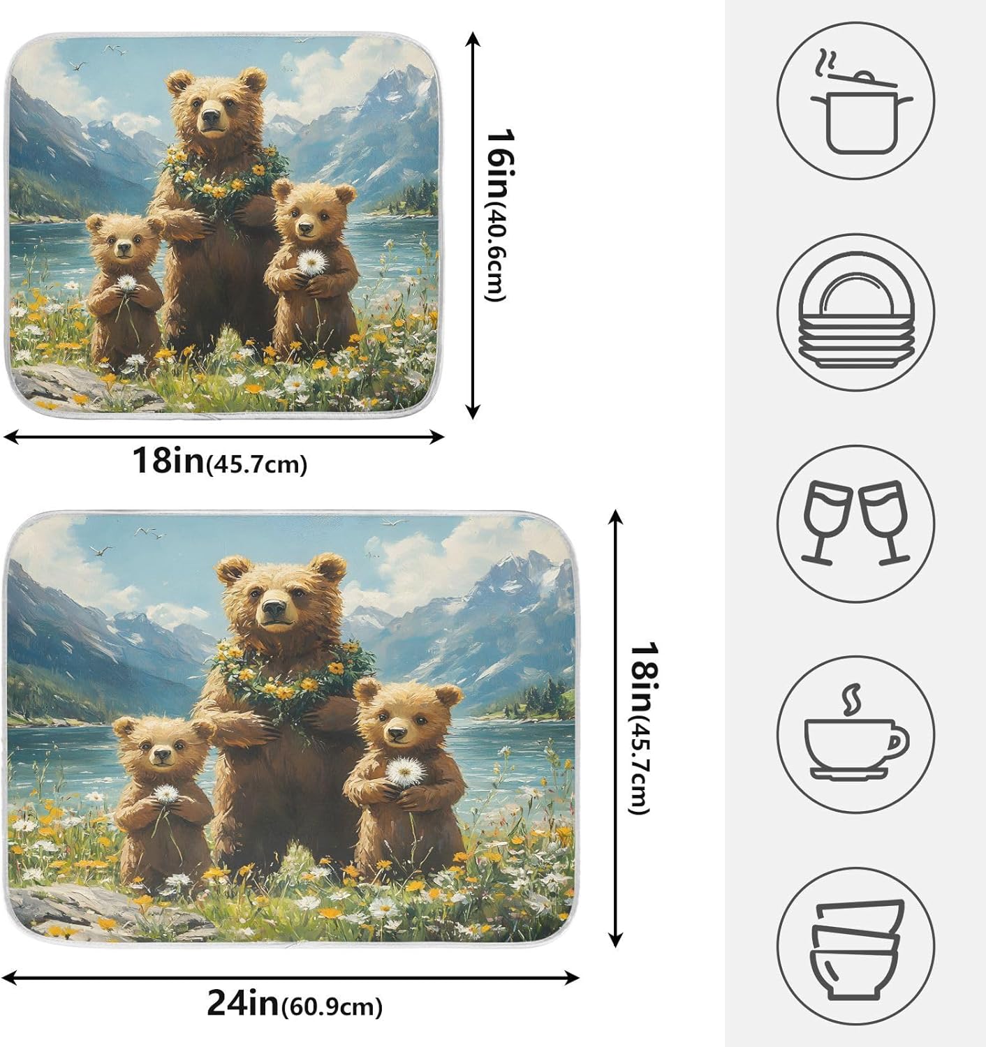 Three Bear Dish Drying Mat for Kitchen Ccounter Absorbent Microfiber Small Drying Pad Dandelion Wildflowers Dish Mats for Kitchen Countertops 16 x 18 Inch