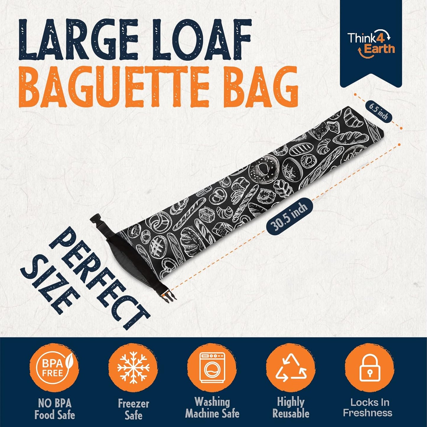 THINK4EARTH® - Large Bread and Baguette Bags (Black, Baguette Bag 2 Pack)