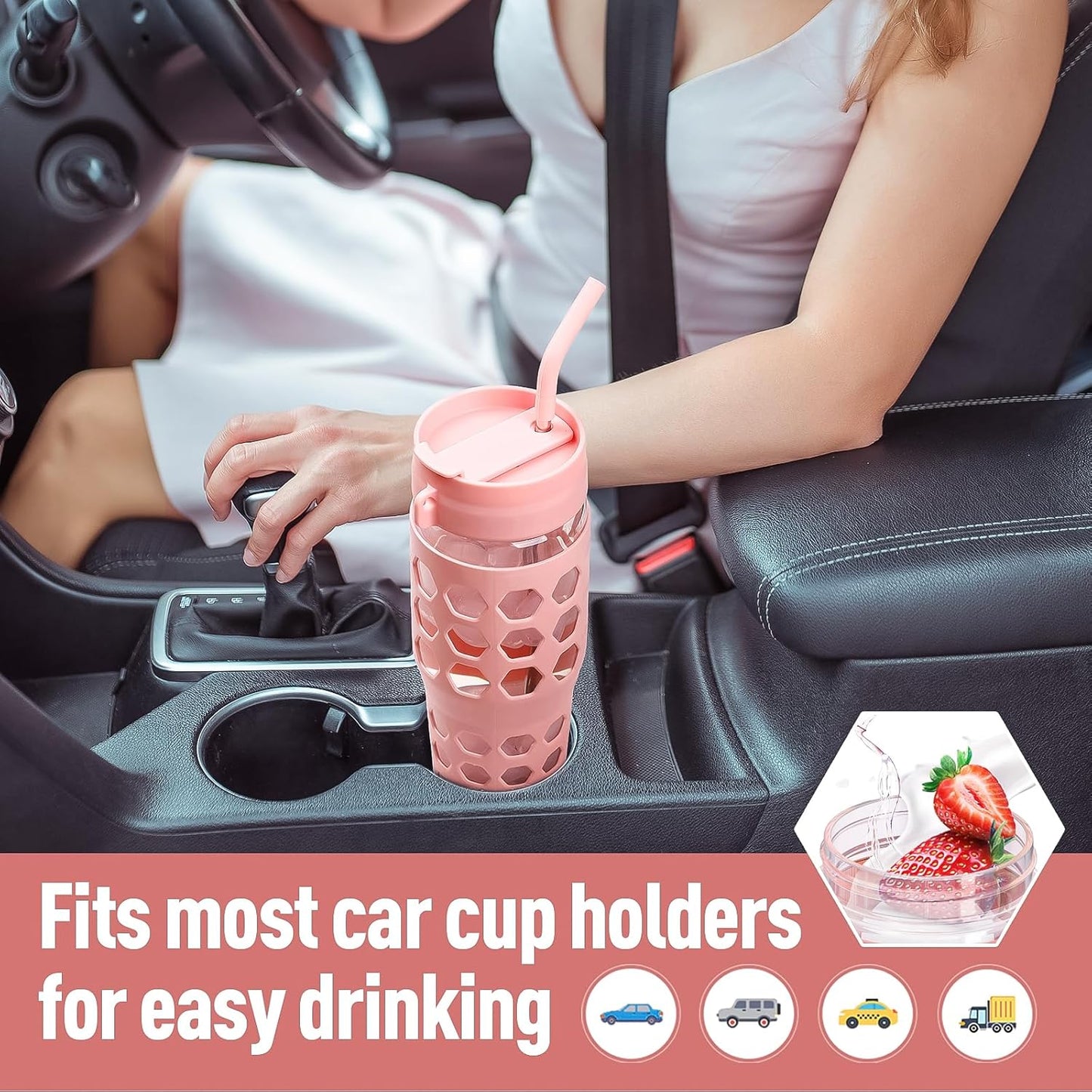 MUKOKO 32 oz Glass Tumbler with Straw,Glass Water Bottles with Time Marker,Iced Coffee Cup with 2 Lids-Handle Spout Lid&Straw Lid,Silicone Sleeve,Leakproof,1 Pack-Pink