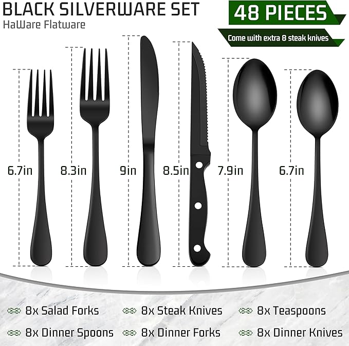 HaWare 48-Piece Black Silverware Set with Steak Knives, Stainless Steel Cutlery Set, Food Grade Flatware Set Service for 8, Mirror Finished Tableware for Home Restaurant, Include Knives, Forks, Spoons