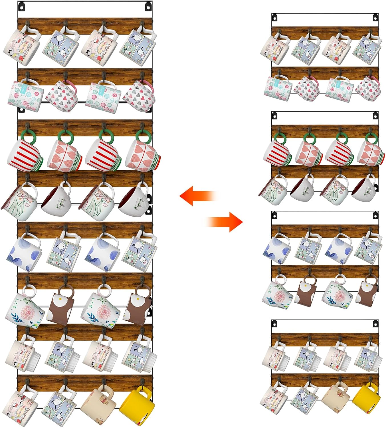 Rustic Wood Coffee Mug Rack - Wall Mount Cup Holder Shelf Storage for Kitchen, Home, Bar, Office (4 Pack, Holds 32 Mugs)