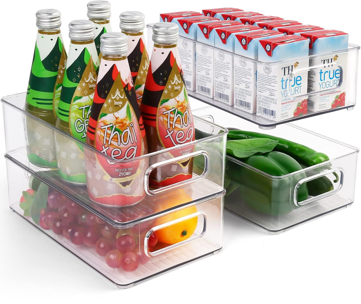 LotFancy Refrigerator Organizer Bins, 4 Pack,10x6x3 in, BPA Free Clear Plastic Storage Bins for Pantry Organization, Stackable Containers with Handles for Fridge, Kitchen Drawer, Freezer, Cabinet