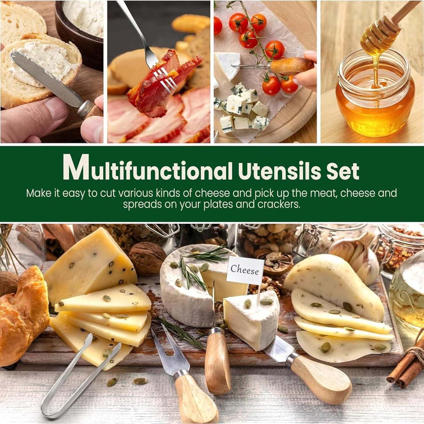 42 pcs Charcuterie Boards Accessories Cheese Knife Set with Wooden Handle, Charcuterie Utensils Gift with Butter Spreader, Forks, Spoons, Tongs, Honey Dipper and Tags for Party, Wedding