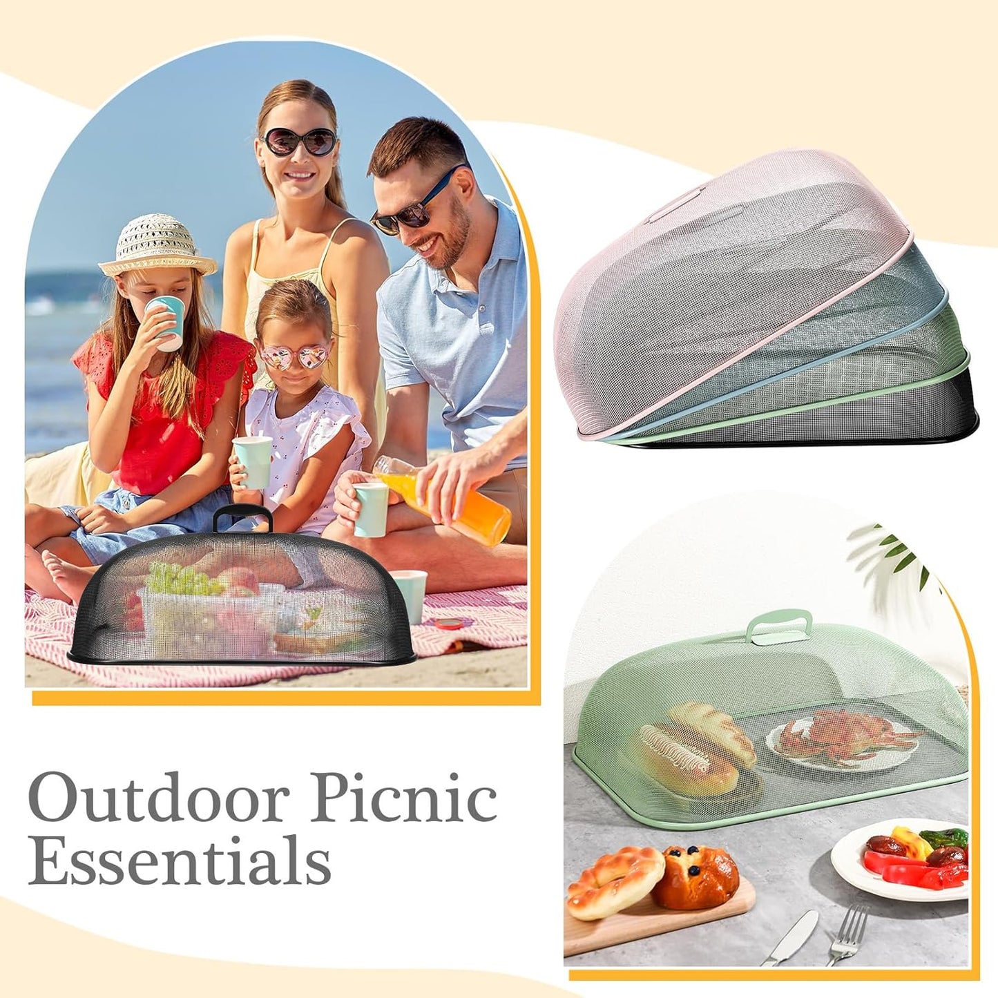 Hicarer 4 Pcs Metal Mesh Screen Food Cover for Outdoors Set Large 18.5 Inch Mesh Food Tents for Outdoor Mesh Food Covers Picnic Food Covers for Indoor Plate (Black, Blue, Green, Pink)