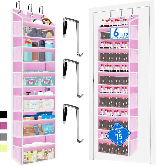 over the door organizer, Solid Bamboo Board (Not Plastic!) 6-Tier Heavy Duty 75LB, 12 Side Pockets, 3 Reinforced Hooks & Anti-Slip Pads, Waterproof & Washable, No Sagging, No Door Damage,Pink