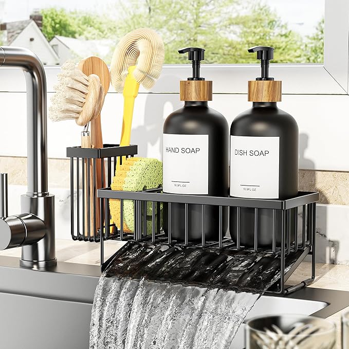 Cisily Kitchen Dish Soap Dispenser Set with 2 Pack 16.9oz Black Glass Bottle and Sponge Holder, Dish Soap Dispensers with Adjustable Sponge Holder, Vintage Hand and Dish Soap Dispensers Set