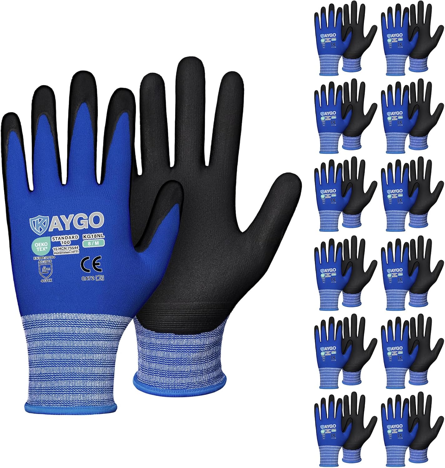 KAYGO Safety Work Gloves MicroFoam Nitrile Coated, 12 Pairs, KG18NB,Seamless Knit Nylon Glove with Black Micro-Foam Nitrile Grip,Ideal for General Purpose,Automotive,Home Improvement,Blue,M