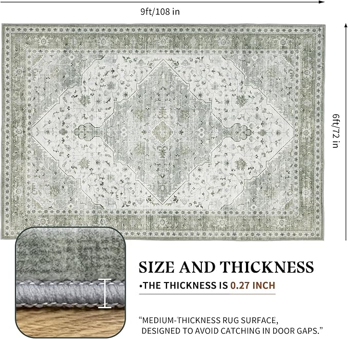 Area Rug for Living Room - Indoor Machine Washable Vintage Rugs for Bedroom Dinning Room Floor Carpet Non-Slip Backing Rugs Floral Soft Low-Pile Office Rug (Sage Green, 6' × 9')