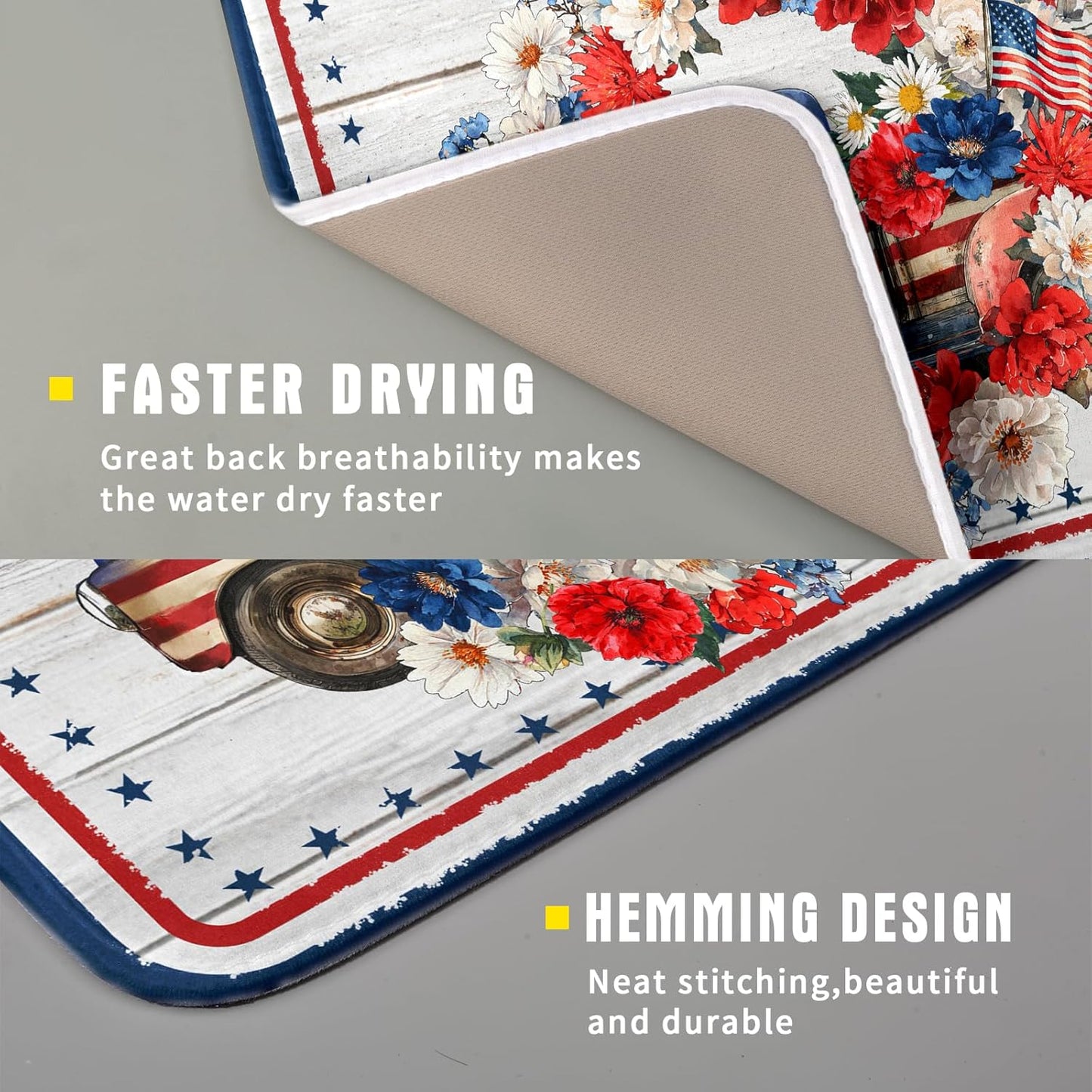 American Flag Dish Drainer Mat Flowers Absorbent Dish Rack Pad for Kitchen Coffee Bar Sinks