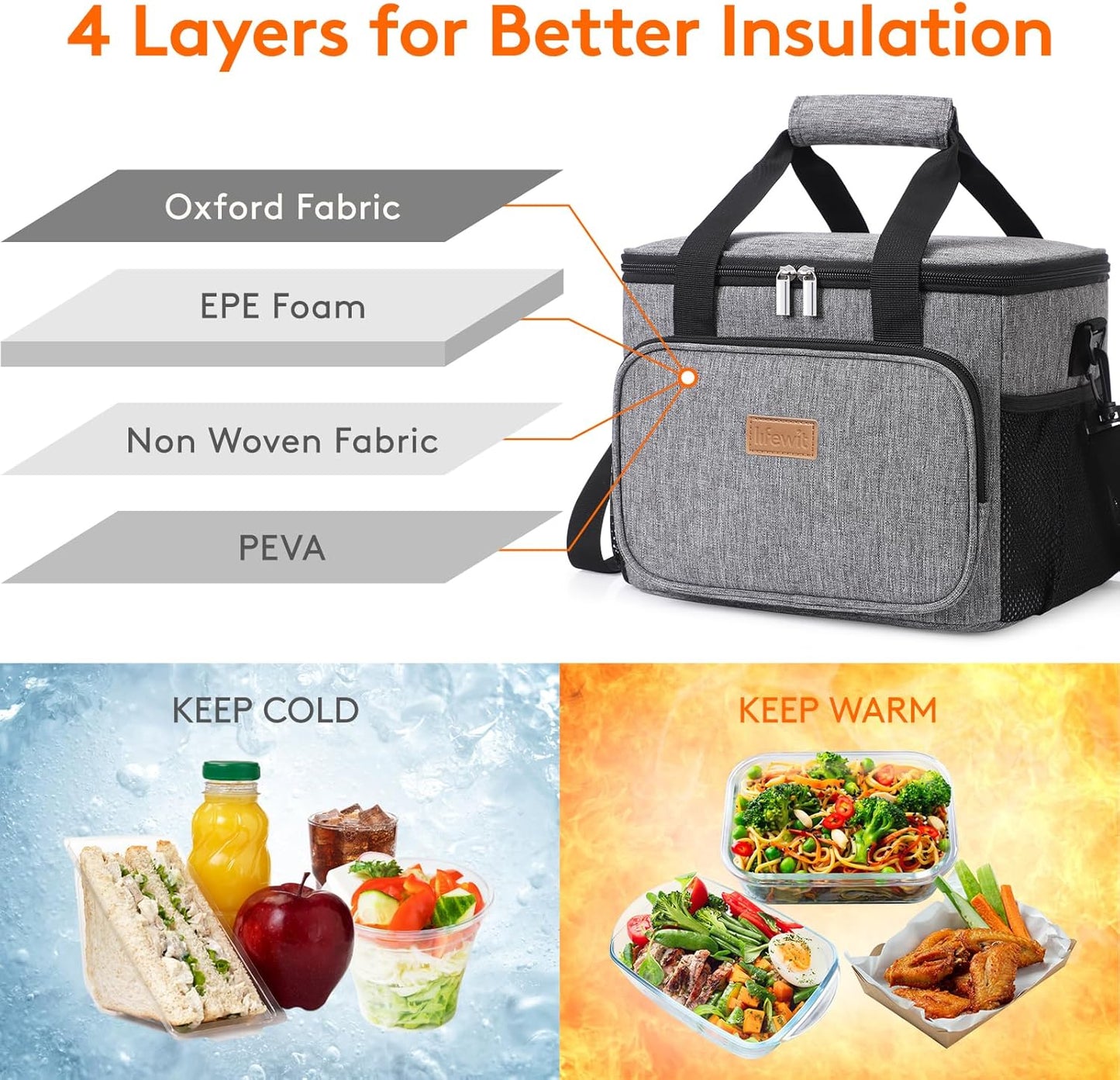 Lifewit Large Lunch Bag Insulated Lunch Box Soft Cooler Cooling Tote for Adult Men Women, Gray 24-Can (15L)