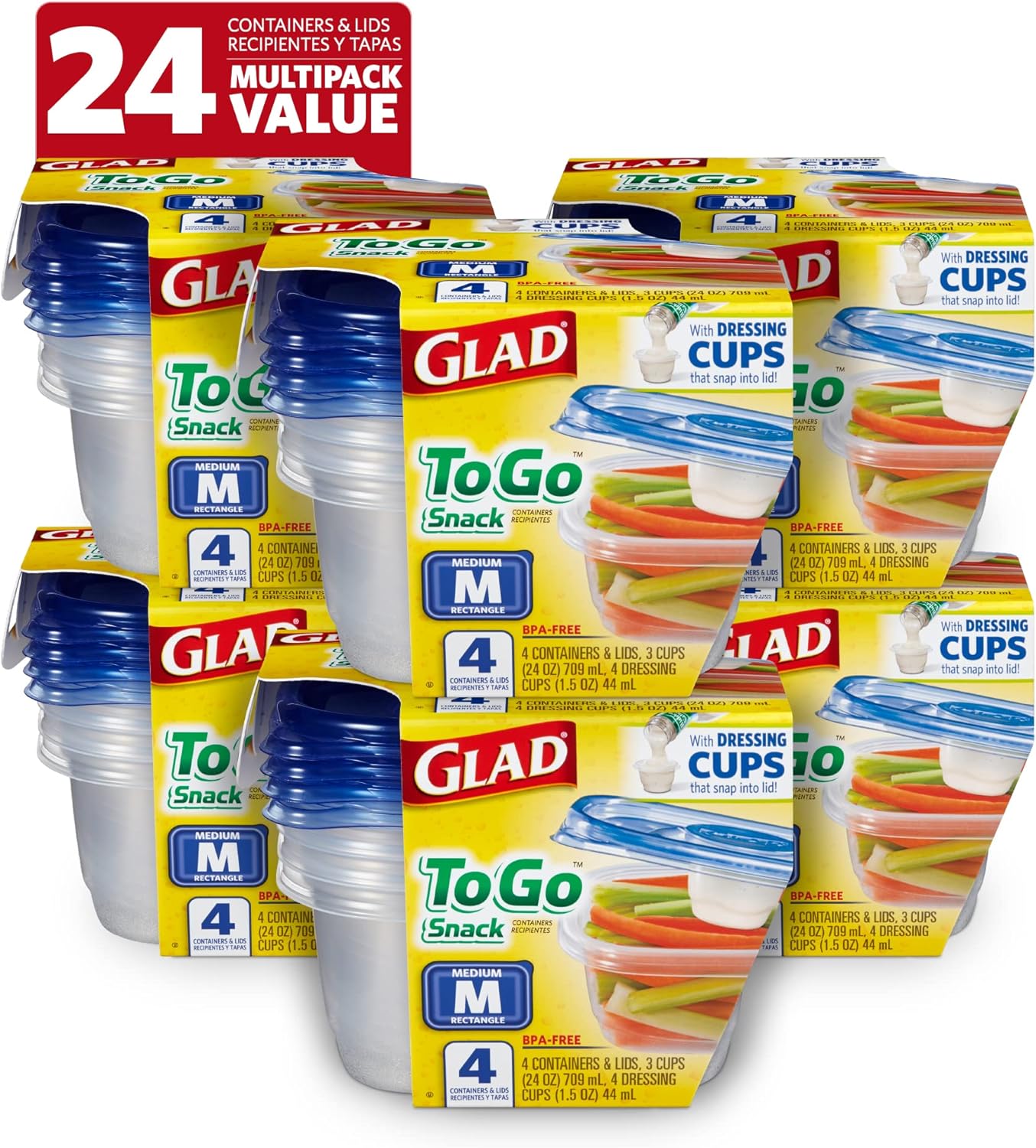Glad GladWare To Go Snack Food Storage Containers - Medium Round - Meal Container Holds up to 24 Ounces of Food - Lock Tight Seal, 4 Count - 6 Pack