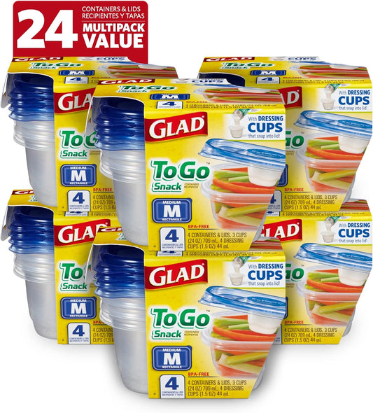 Glad GladWare To Go Snack Food Storage Containers - Medium Round - Meal Container Holds up to 24 Ounces of Food - Lock Tight Seal, 4 Count - 6 Pack