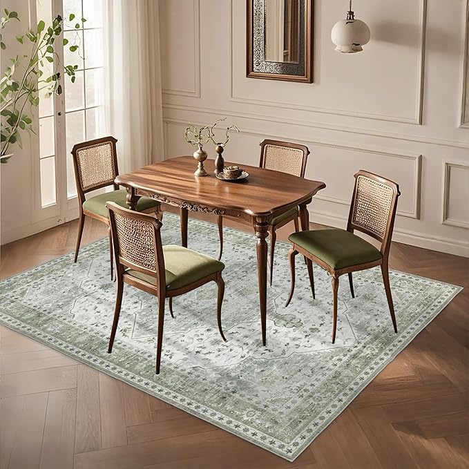 Area Rug for Living Room - Indoor Vintage Machine Washable Rug for Bedroom Dinning Room Office - Floor Carpet Non-Slip Backing Rugs Floral Soft Low-Pile (Sage Green, 5' × 7')