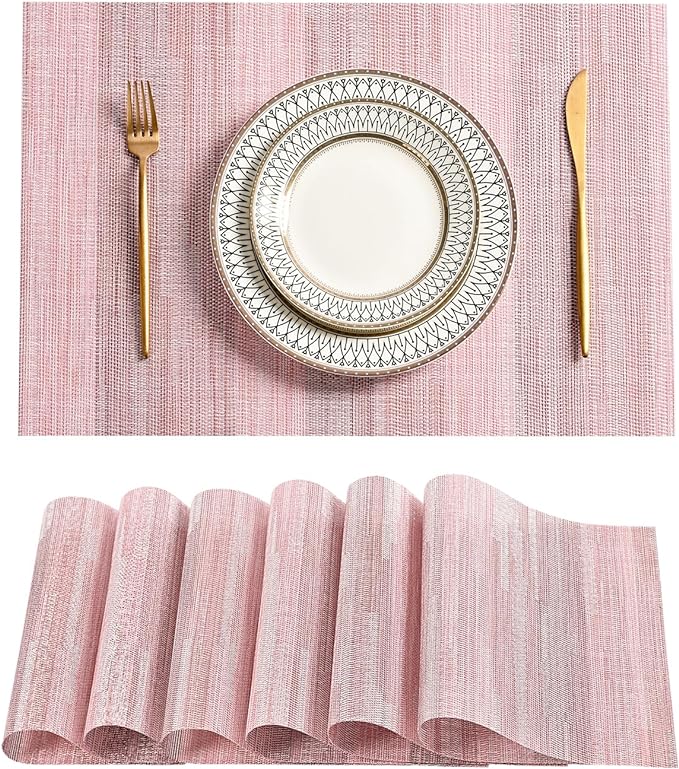 Leetaltree Misty Rose Placemats Set of 6 - Heat Resistant Non-Slip Place mats for Dining Table, Washable Durable PVC Vinyl Woven Table Mats（Misty Rose, 6）