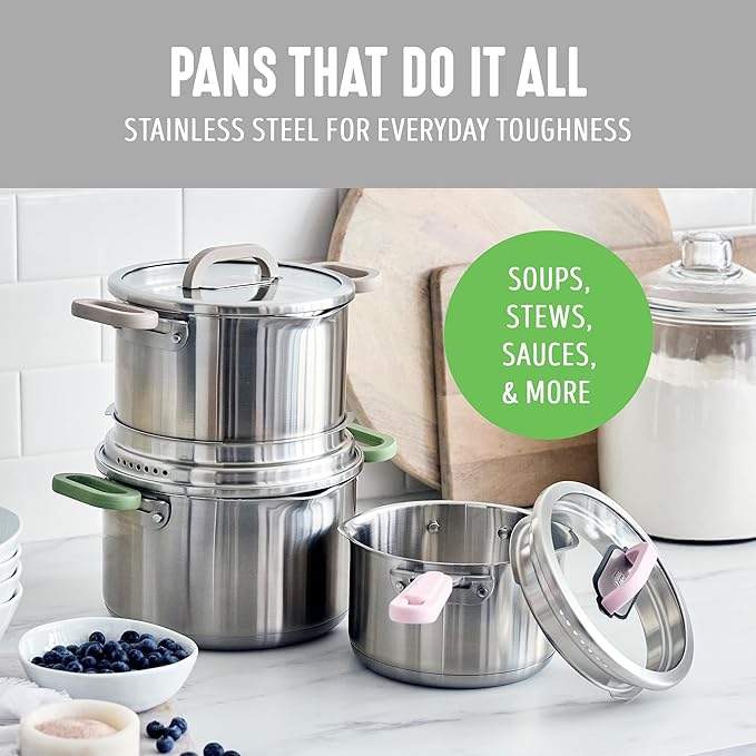 GreenLife 6 Piece Stainless Steel Cookware Set, Induction Kitchen Cooking Pots & Pans, Locking Lids, Built in Strainer, Drip-Free Pour Spouts, Silicone Handles, Saucepan, Stock Pot, Dishwasher Safe