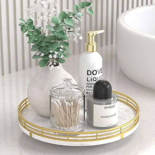 White Marble Lazy Susan Turntable for Table Top – 10” Round Marble Tray Organizer for Bathrroom, Vanity, Dining Table, Kitchen Countertop & Bar, Luxury Stone Serving Tray with Gold Frame