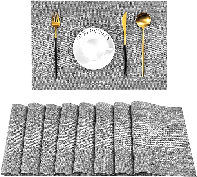 Leetaltree Grey Placemats, Heat Resistant Non-Slip Place mats for Dining Table, Washable Durable PVC Vinyl Woven Table Mats (Set of 8)