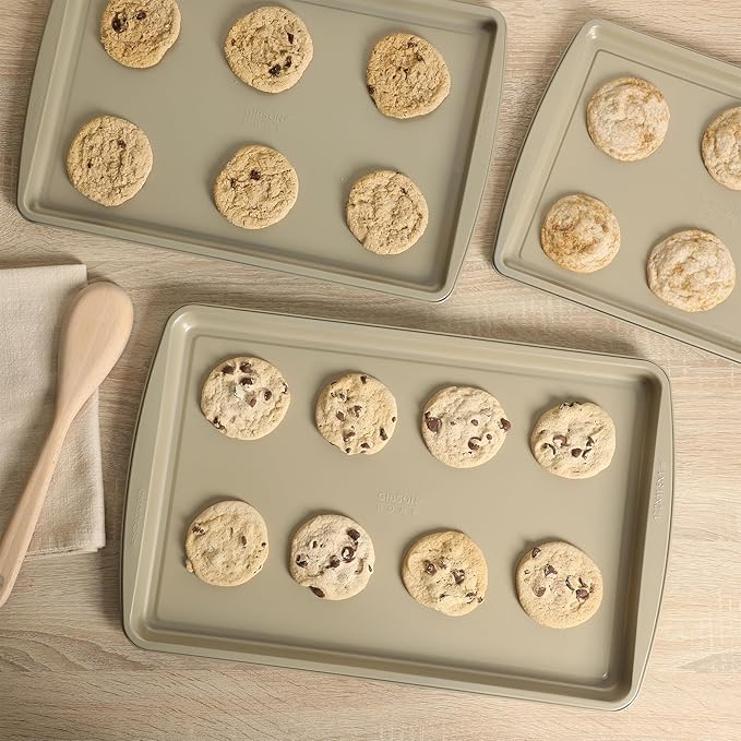 Gibson Home Lyneham 3 Piece Carbon Steel Nonstick Kitchen Baking Pans/Cookie Sheet Bakeware Set, Premium PFA Nonstick Material - Champagne Gold