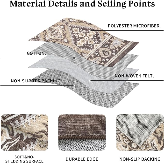 Area Rug for Living Room - Vintage Indoor Machine Washable Rug for Bedroom Dinning Room Floor - Soft Low-Pile Carpet Non-Slip Backing Floral Rugs for Office (Reddish Brown, 8' × 10')