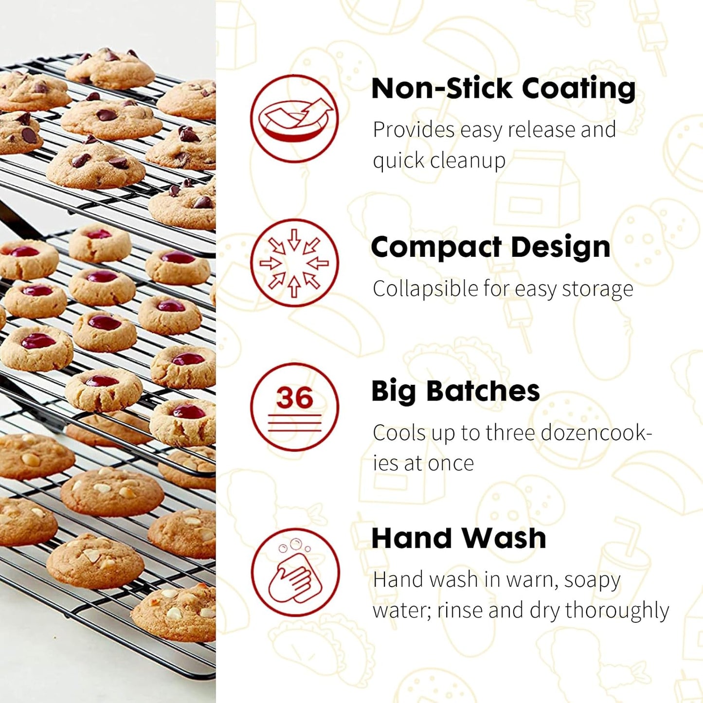 ShellKingdom Cooling Racks, Stainless Steel Non-Stick Baking Racks And Oven Safe Wire Cool Racks for Cookies, Cakes and Baking, 4-Tier, Foldable