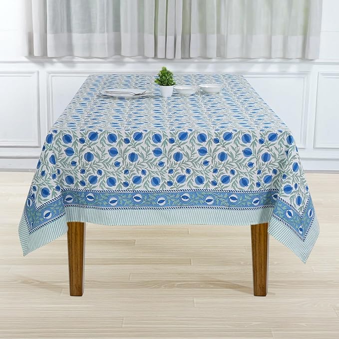 Ridhi Queen Blue Hand Block Print Cotton Rectangle Tablecloth 102 x 48 inches Reusable Table Cover Decorative Everyday Use for Dining Room, Farmhouse, Home, Party, Festive & Wedding, Fall