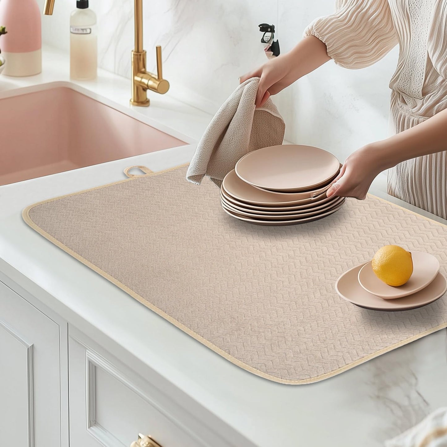 Dish Drying Mat, Highly Absorbent Microfiber Kitchen Counter Mat Value Pack, Dish Drying Pad for Dishes, Utensils, Pots and Pans, Large 16" x 18", Khaki