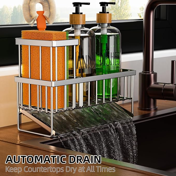 Cisily Kitchen Dish Soap Dispenser Set Stainless Steel Sponge Holder and 2 Pack 16.9oz Clear Glass, Dish Soap Dispensers, Vintage Hand and Dish Soap Dispensers Set, Dispensador De Jabon De Cocina