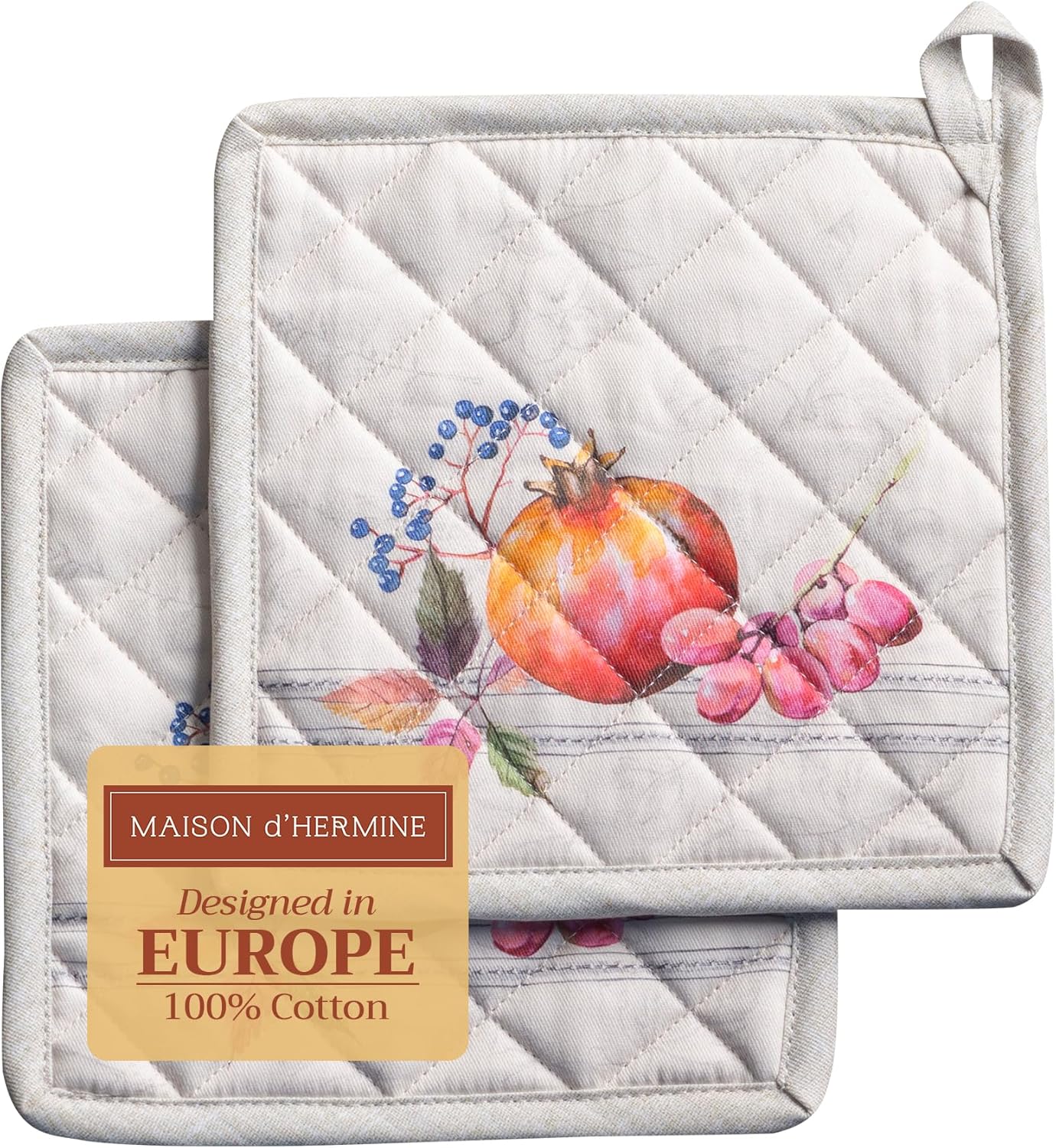 Maison d' Hermine Pot Holders Set 100% Cotton Heat Resistant Potholders 8" x 8" Hot Pads with Loop BBQ, Cooking, Baking, Grilling, Kitchen, Handling Hot Pans (Pack of 2, Fruit D'Hiver)