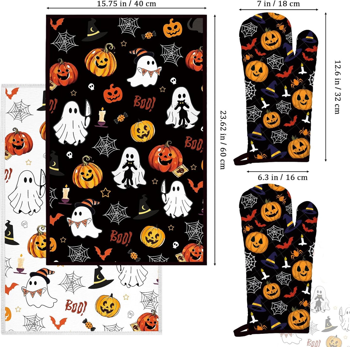 Halloween Pumpkin Kitchen Towels and Oven Mitts Set 4Pcs, Soft Absorbent Dish Cloth Heat Resistant Oven Gloves for Cooking Baking Kitchen Decoration, Gifts for Her
