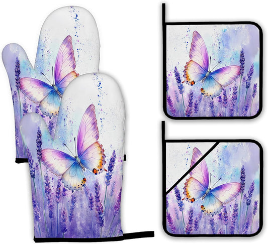 Purple Butterfly Oven Mitts and Pot Holders Set,Lavender Kitchen Oven Gloves and Pot Holder with Heat Resistant Non Slip for Cooking Baking Grilling(4 Piece Set)