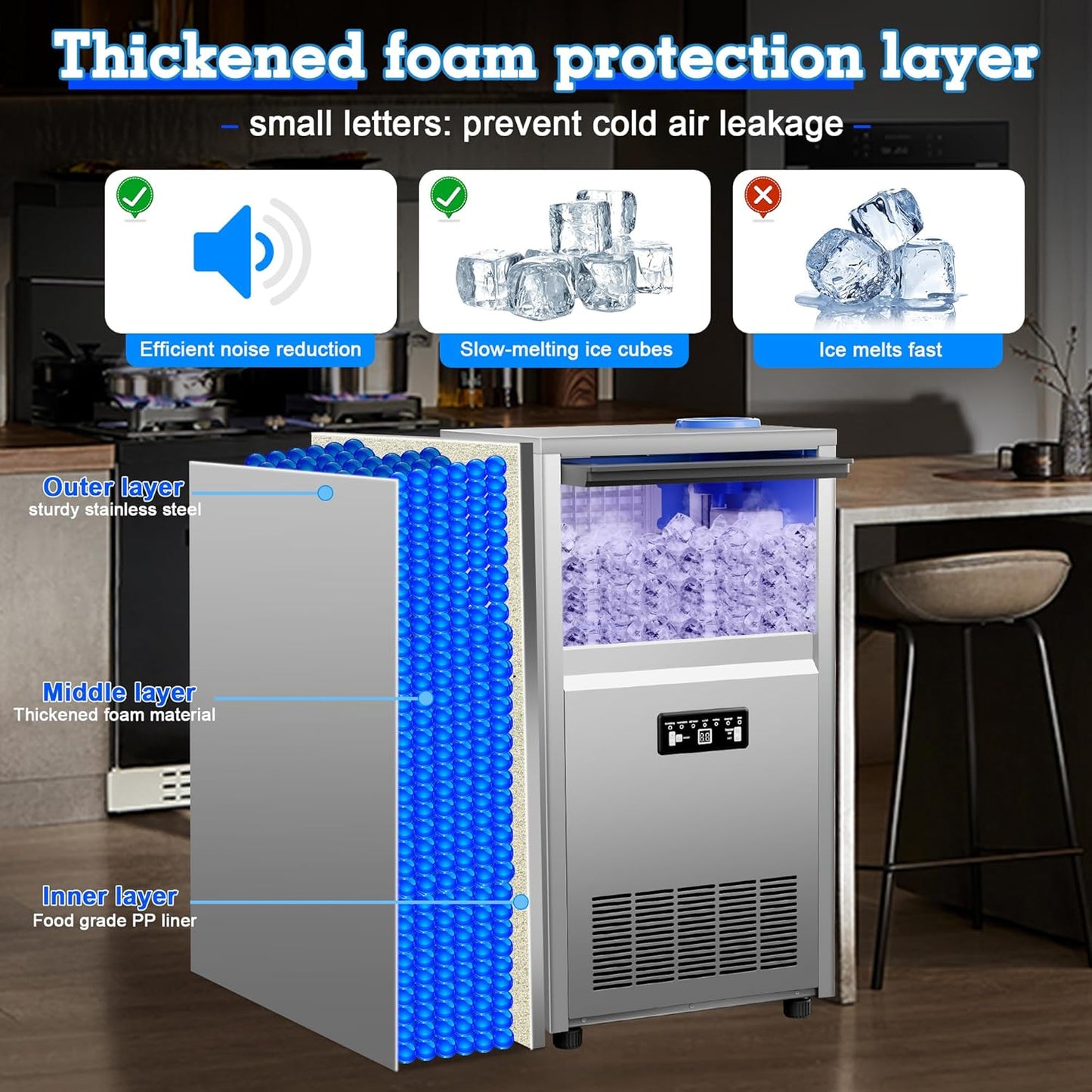 Commercial Ice Maker Machine 150lbs/24H with 30lbs Storage, Stainless Steel Undercounter/Freestanding Ice Machine 50Ice/Cycle 2 Water Inlet Modes Self-Cleaning for Homes Restaurants Bars