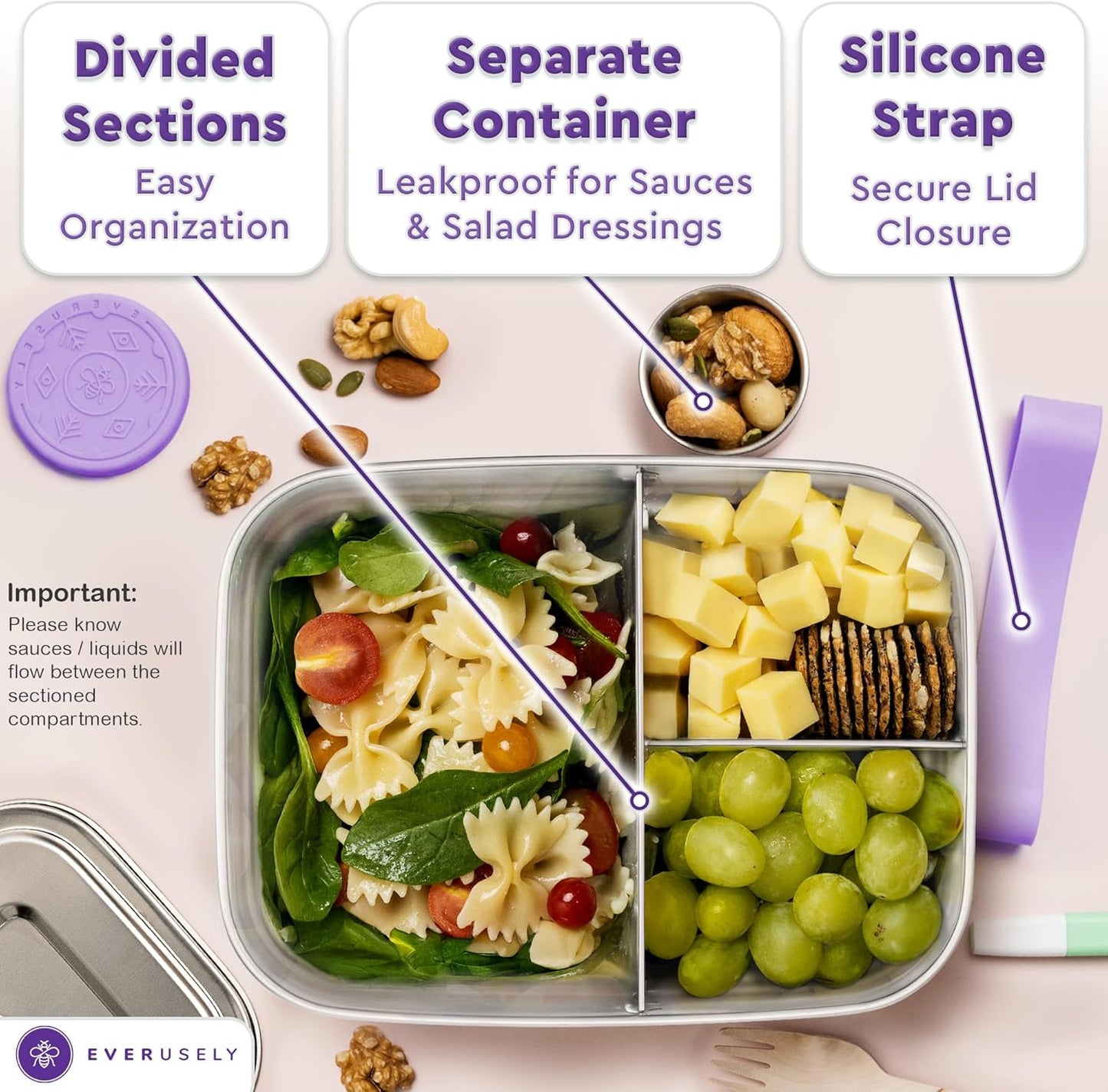 Everusely - Bento Box - Lavender, 60oz / 1.8 L - Stainless Steel Lunch Box with Leakproof Condiment Container - 3 Compartment Snack Organizer for On the Go Meals - Freezer & Dishwasher Safe